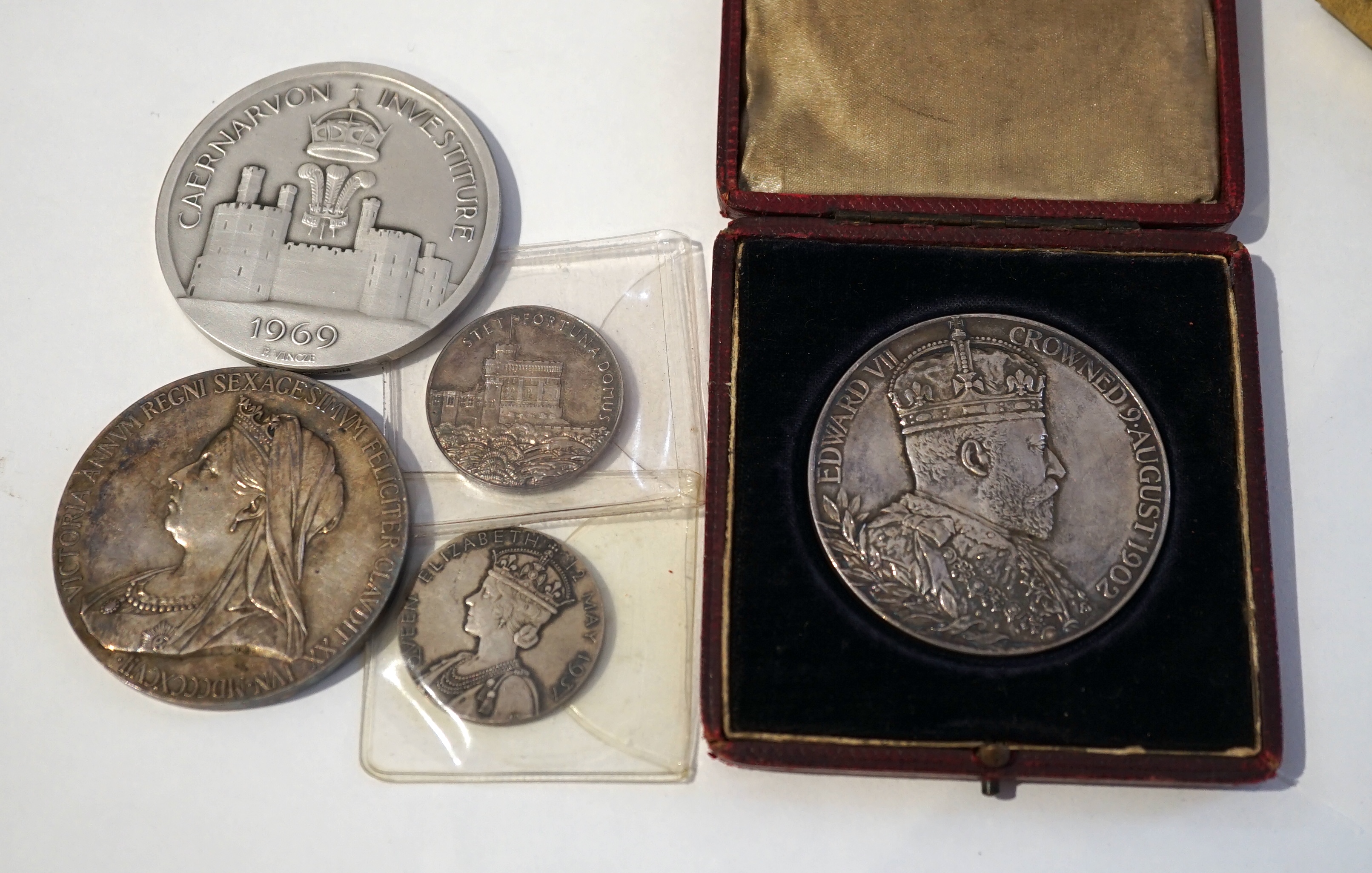 British Royal commemorative silver medals, comprising Victoria Diamond Jubilee, 1897, Edward VII Coronation 1902, cased, George V and Mary Silver Jubilee, 1935, George VI coronation 1937, Prince of Wales investiture 1969